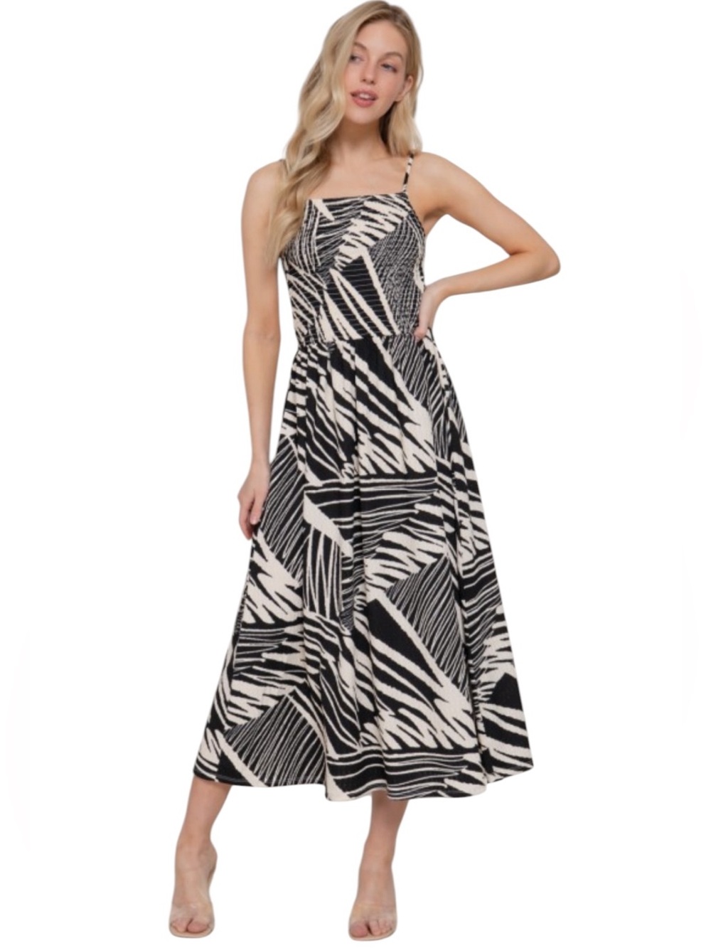New Sleeveless Black & White Print Midi Dress size S